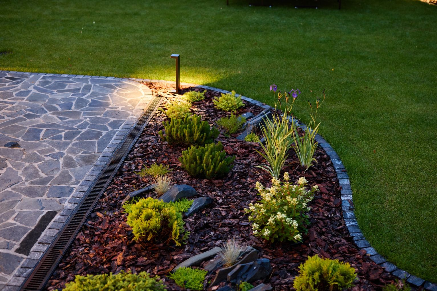 Finished sod installation with bright green lawn coverage
